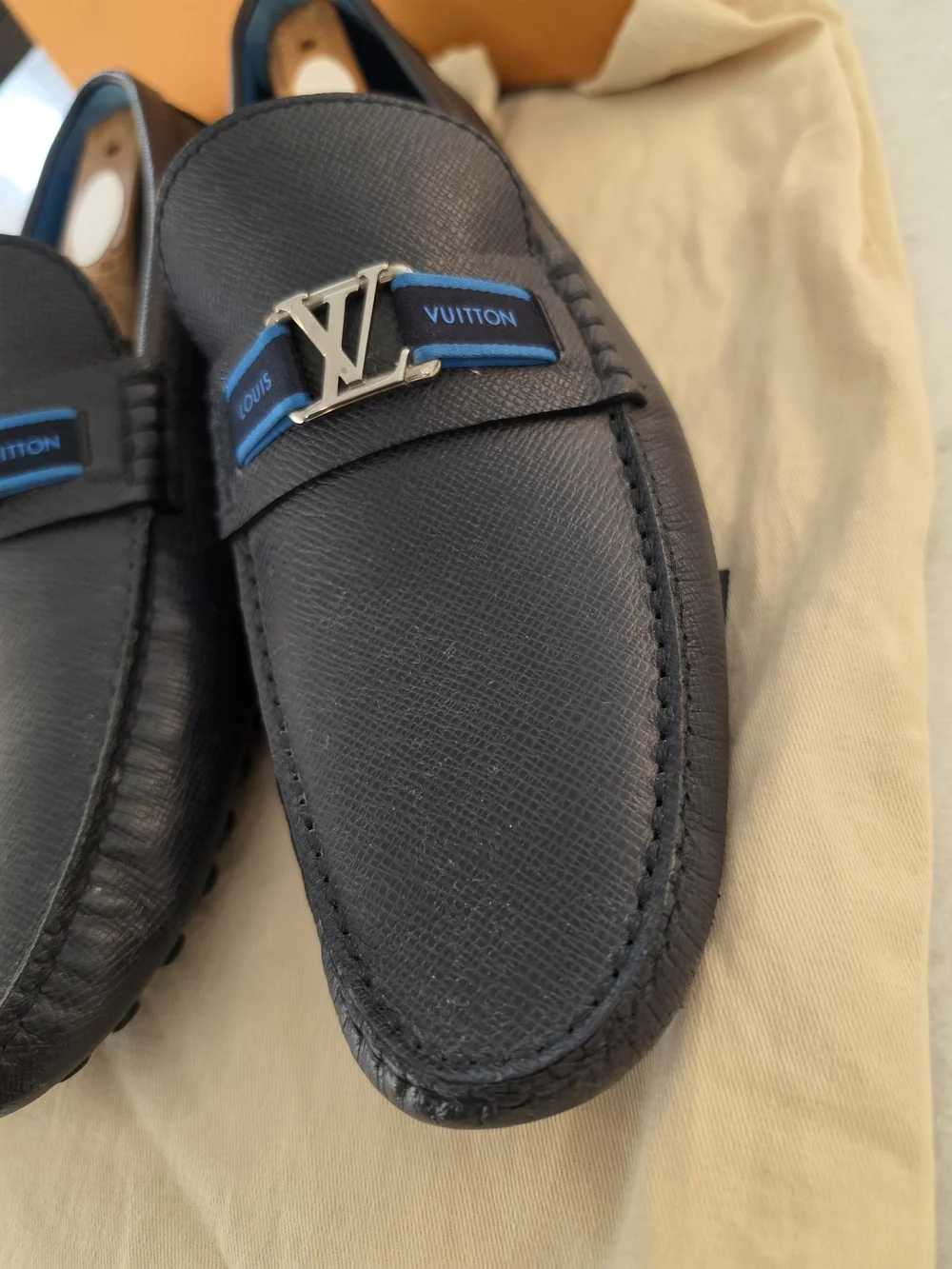 Louis Vuitton Black Leather Loafers with Blue Logo Strap - Picture 2 of 5
